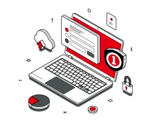 Illustration of a laptop with insurance, security, and communication icons
